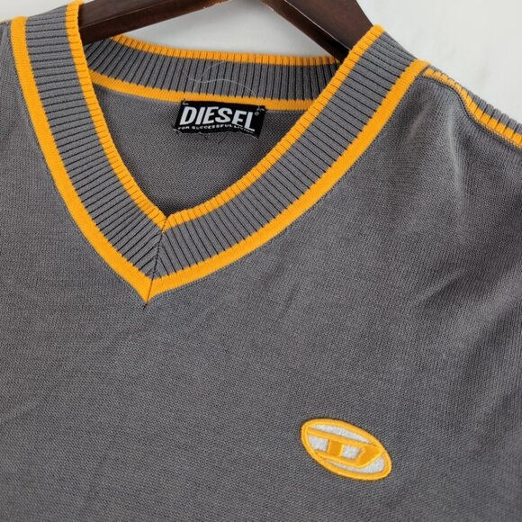 Diesel Men's Gray/Yellow/Gold VNeck Sweater Pullover Embroidered Logo, Medium - Picture 4 of 9